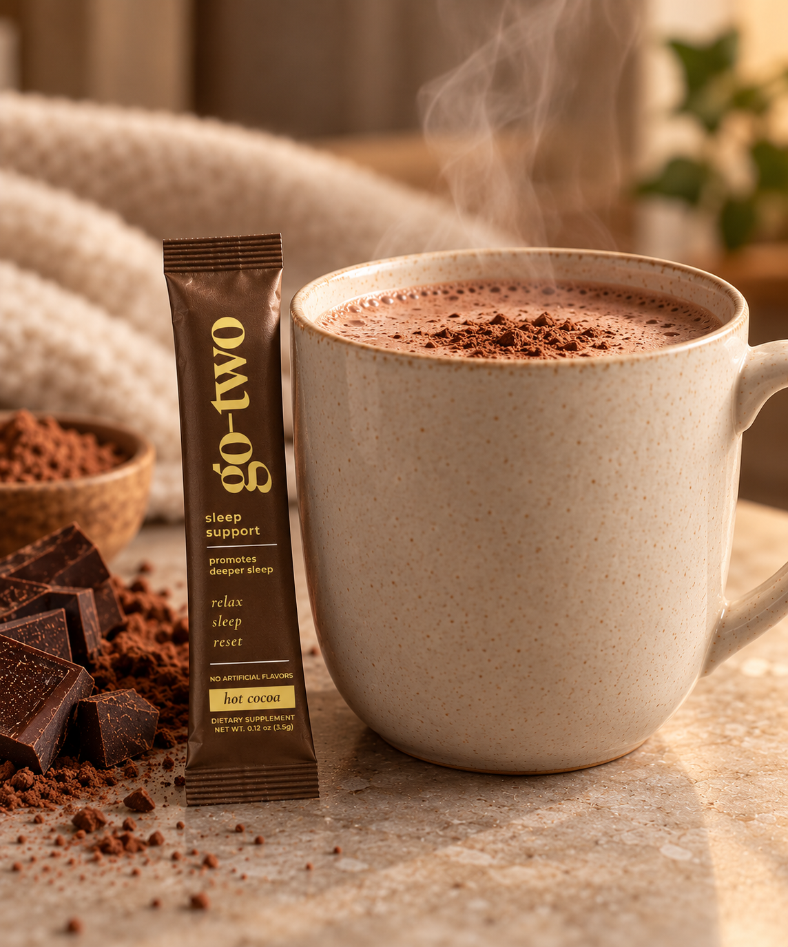 Hot Cocoa Sleep Support stick beside a mug of cocoa
